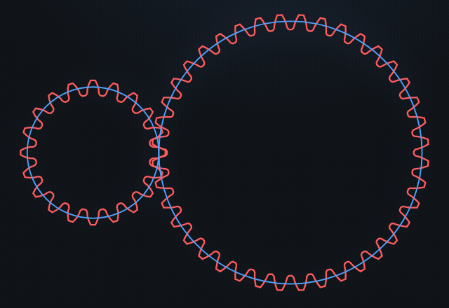 A generated involute gear pair (20 and 40 teeth) meshing correctly